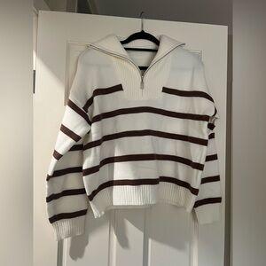 SHEIN Women's White and Brown Striped Zip-Up Sweater